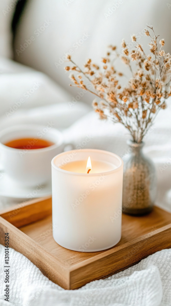 Cozy scene with lit white candle and dried flowers on wooden tray near cup of tea Cozy scene with lit white candle and dried flowers on wooden tray near cup of tea