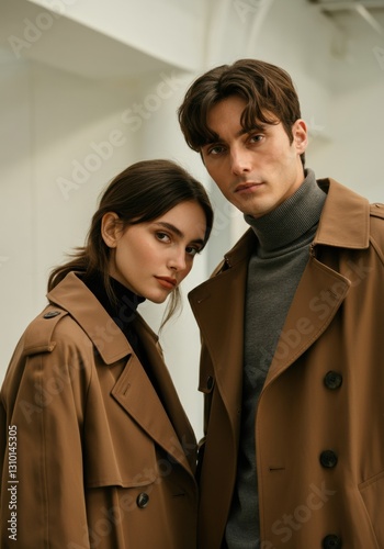Stylish couple in matching brown trench coats posing together indoors