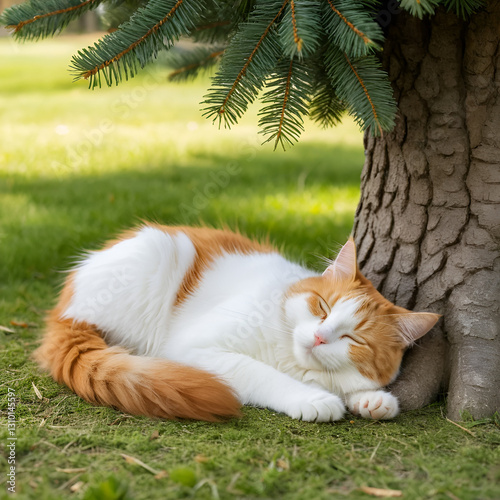 Ginger and white fluffy cat napping on the ground under the tree