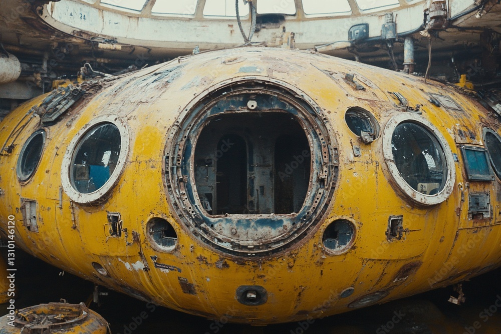 Obraz premium Rusted yellow submersible, interior exposed