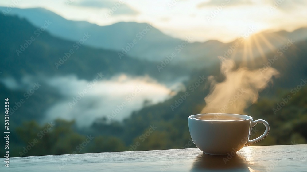 A steaming cup of aromatic coffee with a blurry background of the mountains A steaming cup of aromatic coffee with a blurry background of the mountains