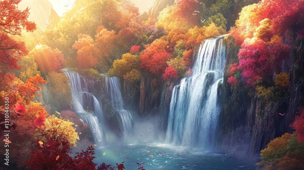 Fototapeta premium Autumn waterfall cascading through colorful forest