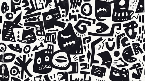 An elaborate array of monochromatic doodles covers the surface, featuring abstract shapes, playful lines, and chaotic patterns creating an engaging visual experience.