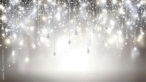 Sparkling silver teardrop decorations, glowing background, festive ambiance, celebratory design