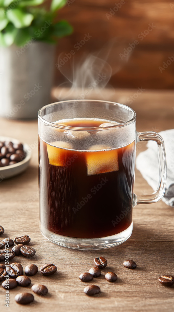 Steaming black coffee in a clear mug with ice cubes on a wooden table Steaming black coffee in a clear mug with ice cubes on a wooden table
