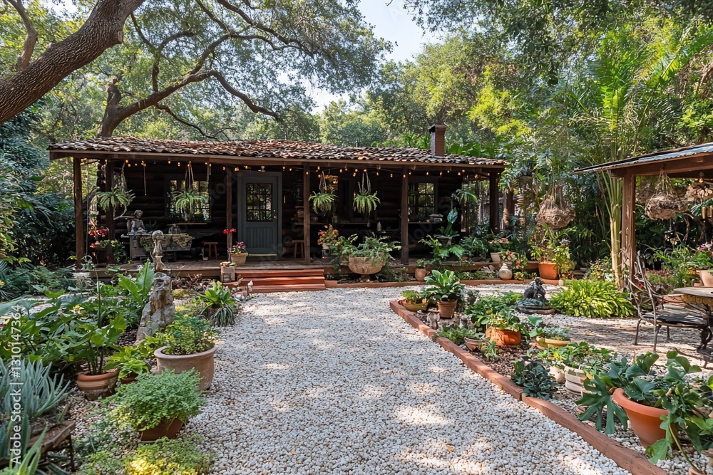 Rustic cabin nestled in a lush, tropical garden Rustic cabin nestled in a lush, tropical garden