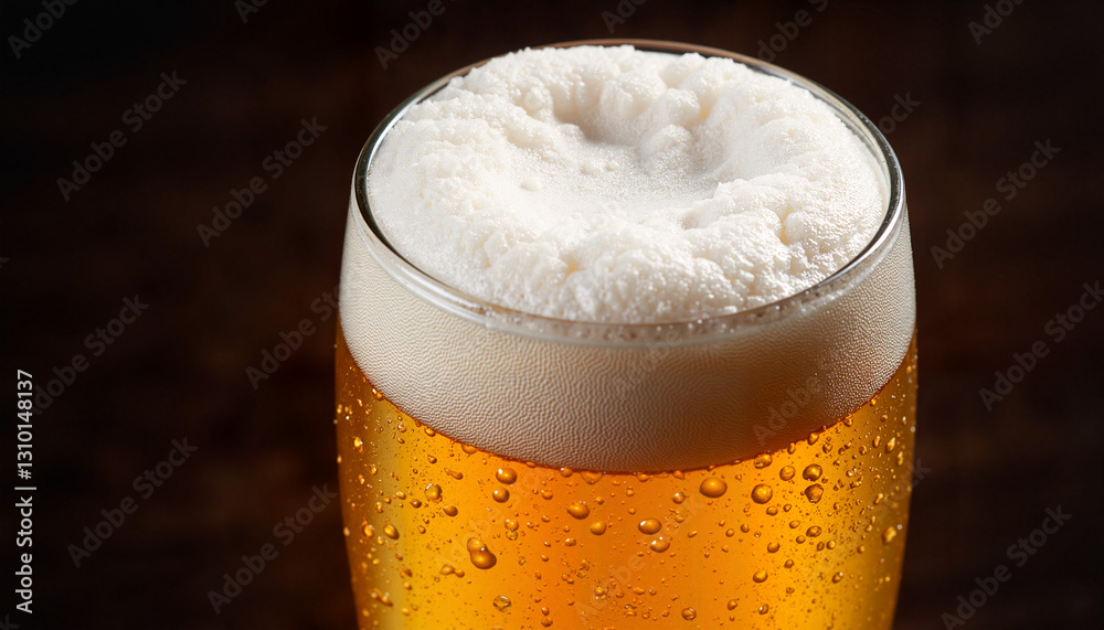 Overflowing beer foam in glass against blurred pub background, indulgence Overflowing beer foam in glass against blurred pub background, indulgence