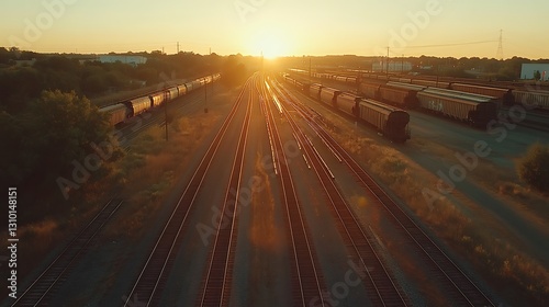 Train tracks at sunset with freight cars on railroad yard, transportation, logistics photo