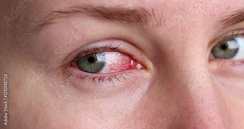 Close up of female face with one red eye suffering from infection conjunctivitis