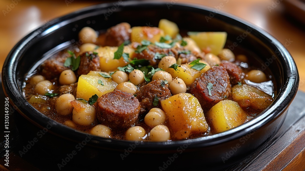 Hearty chickpea and potato stew with sausage in a rustic bowl. Hearty chickpea and potato stew with sausage in a rustic bowl.