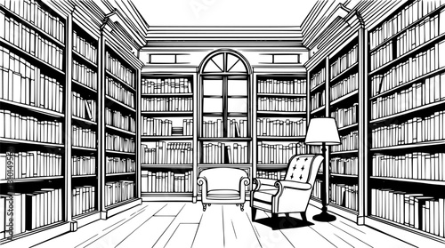Minimalist library outline with bookshelves and reading chair clean vector design.