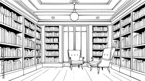Minimalist library outline with bookshelves and reading chair clean vector design.