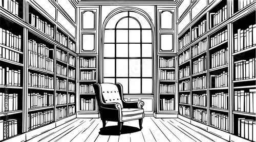 Minimalist library outline with bookshelves and reading chair clean vector design.