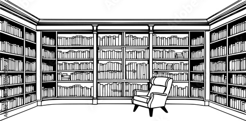 Minimalist library outline with bookshelves and reading chair clean vector design.