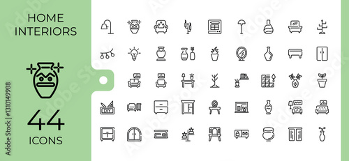 Home Decor icon set. Icons plan, lamp, lighting, office, paint, decor, home and more. Outline icon collection. Minimal icon pack.
