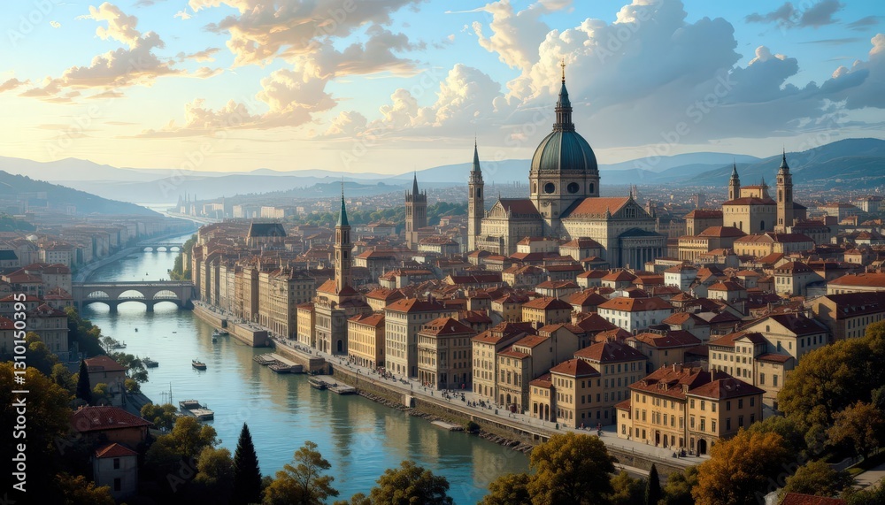 Naklejka premium Breathtaking riverside view of a historic city at sunset, showcasing stunning architecture and a vibrant atmosphere