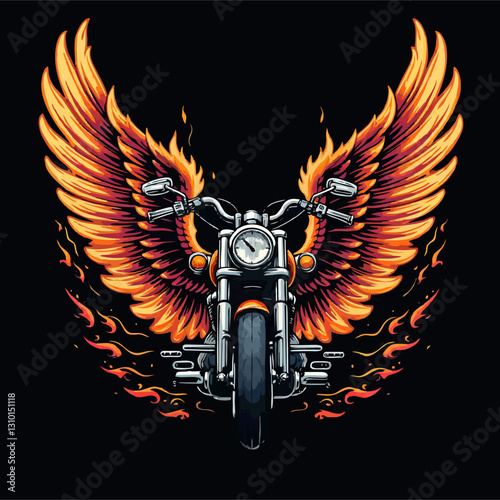Vector t-shirt design with biker motorcycle, wings
and fire on black background.
Fashionable print for fabric, paper, men clothing,
hoodie, biker jacket. T shirt template with flame.