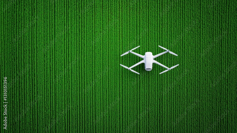 Naklejka premium Drone flying over a field of green digital data representation.