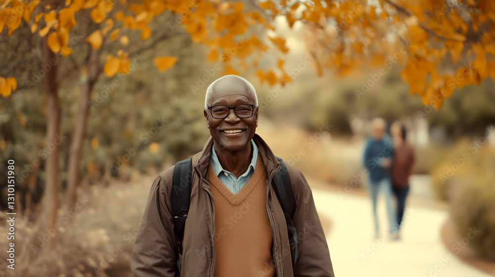 Smiling elderly man enjoying a walk in the autumn park surrounded by colorful foliage Smiling elderly man enjoying a walk in the autumn park surrounded by colorful foliage