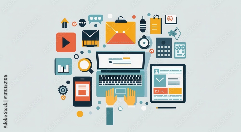 Digital workspace illustration with technology and business tools in flat design style Digital workspace illustration with technology and business tools in flat design style