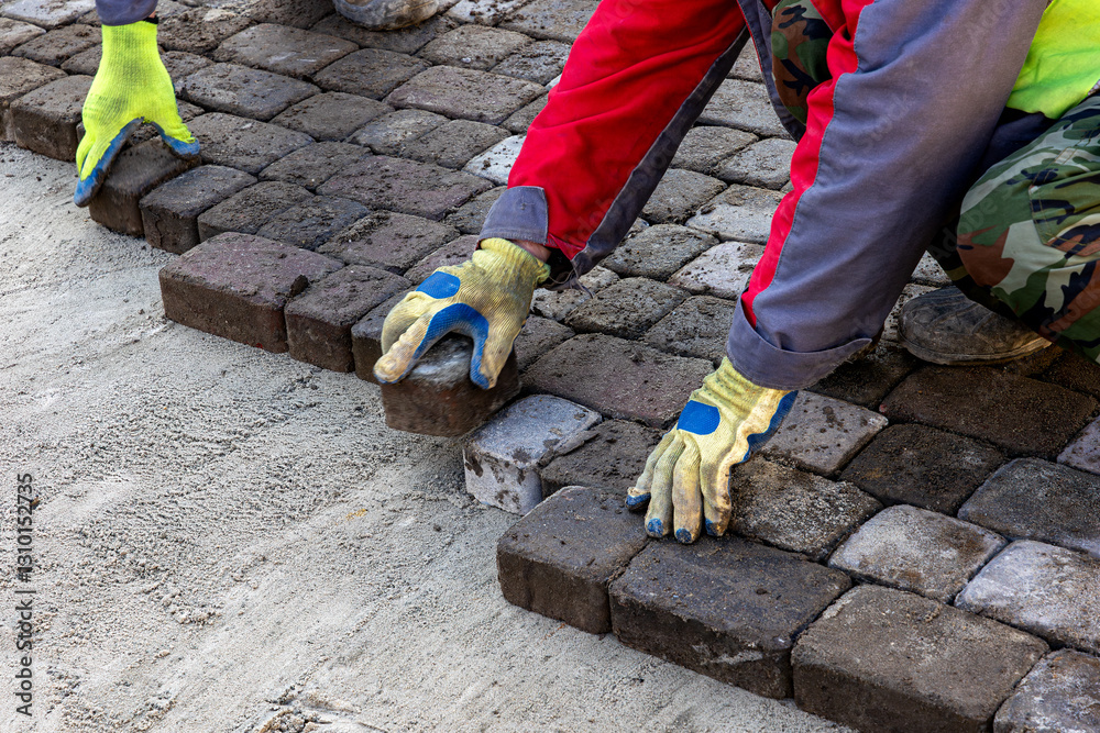 Construction Workers Laying Cobblestone Pavement by Hand. Workers in protective gloves placing cobblestones on a sand base to create a durable pavement. Construction Workers Laying Cobblestone Pavement by Hand. Workers in protective gloves placing cobblestones on a sand base to create a durable pavement.