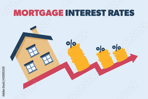 Rising mortgage interest rates. House with an upward-trending arrow and coins with percentage sign. Higher borrowing costs. Vector illustration