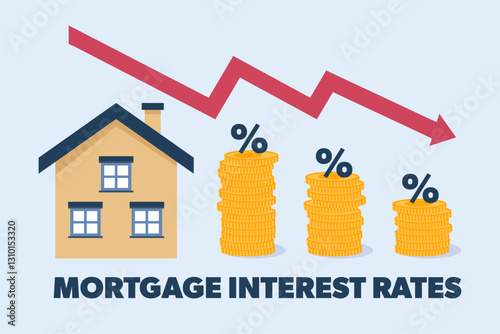 Decreasing mortgage interest rates. House with a downward trending arrow, xoins with percentage sign. Vector illustration. Lower borrowing costs.