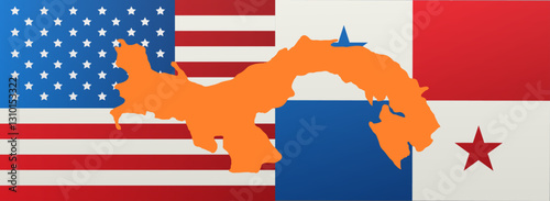 Flags of the United States and Panama, overlaid with a map of Panama to represent the connection. Vector illustration.
