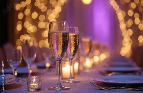 Sophisticated gala dinner table setting with sparkling champagne glasses. Festive elegant event celebration with luxury party banquet tableware, dining. Reception decor formal catering glassware on