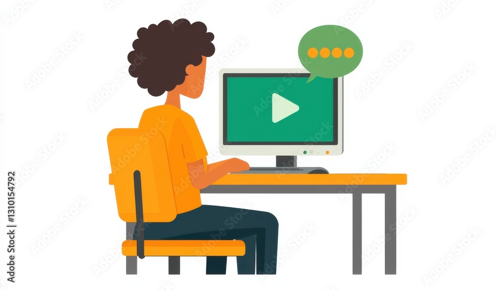 Person watching educational video on computer screen at a desk Person watching educational video on computer screen at a desk