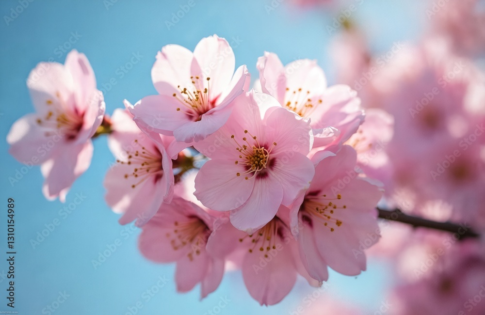 Delicate pink sakura blossoms bloom against blue sky backdrop. Vibrant cherry flowers embody spring freshness, floral beauty, serenity. Rich petals create peaceful, colourful scene for botanical Delicate pink sakura blossoms bloom against blue sky backdrop. Vibrant cherry flowers embody spring freshness, floral beauty, serenity. Rich petals create peaceful, colourful scene for botanical
