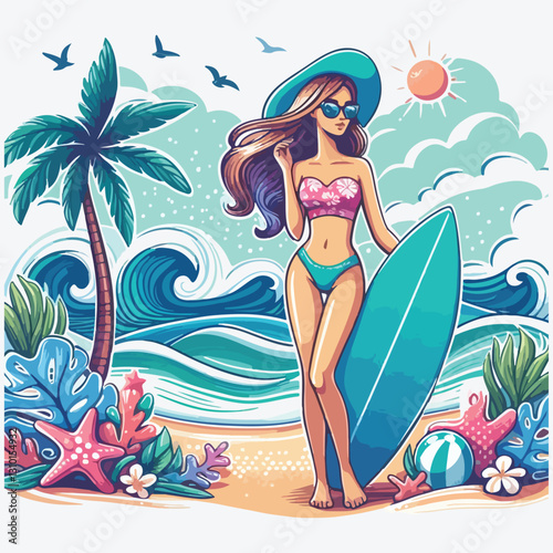 Girl at the beach with her blue surfing board stock illustration
