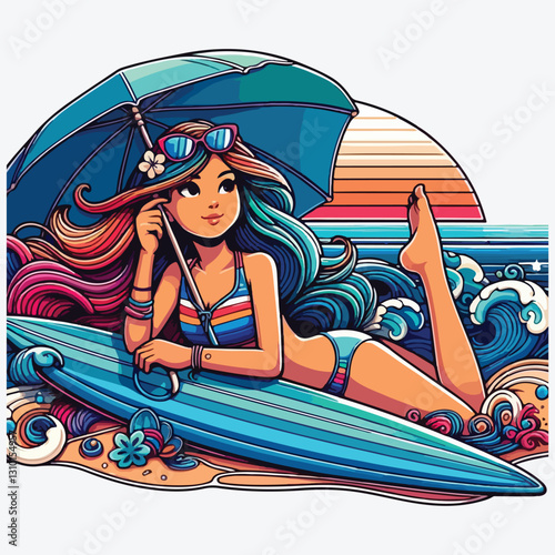 Girl at the beach with her blue surfing board stock illustration