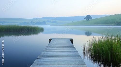 Serene dawn, misty lake, wooden dock
