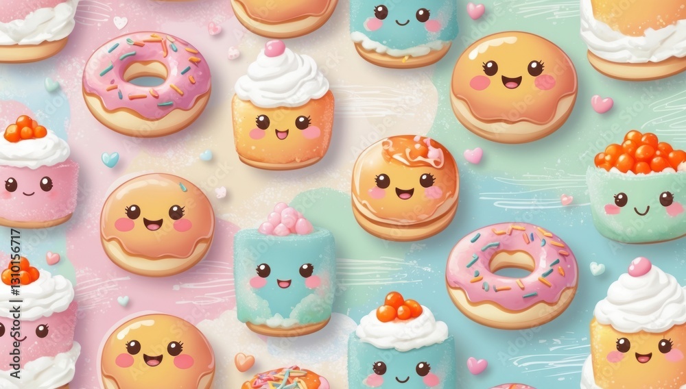 Adorable Kawaii Donuts Cakes Background Sweet Treats Illustration Adorable Kawaii Donuts Cakes Background Sweet Treats Illustration