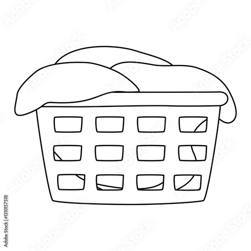 Laundry basket overflowing with clothes, doodle style flat vector outline for coloring book