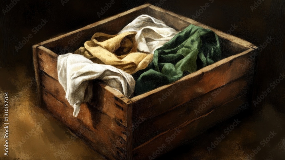 Fototapeta premium Wooden Crate Filled with Colorful Fabrics