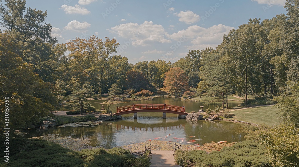 Obraz premium Serene Japanese garden with red bridge, pond, koi