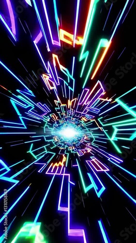 Experience movement through a colorful tunnel filled with neon light trails, creating an immersive atmosphere perfect for digital art and creative projects.