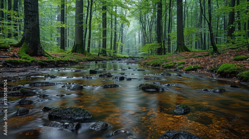 Obraz premium Forest stream flowing through mossy rocks in misty woods
