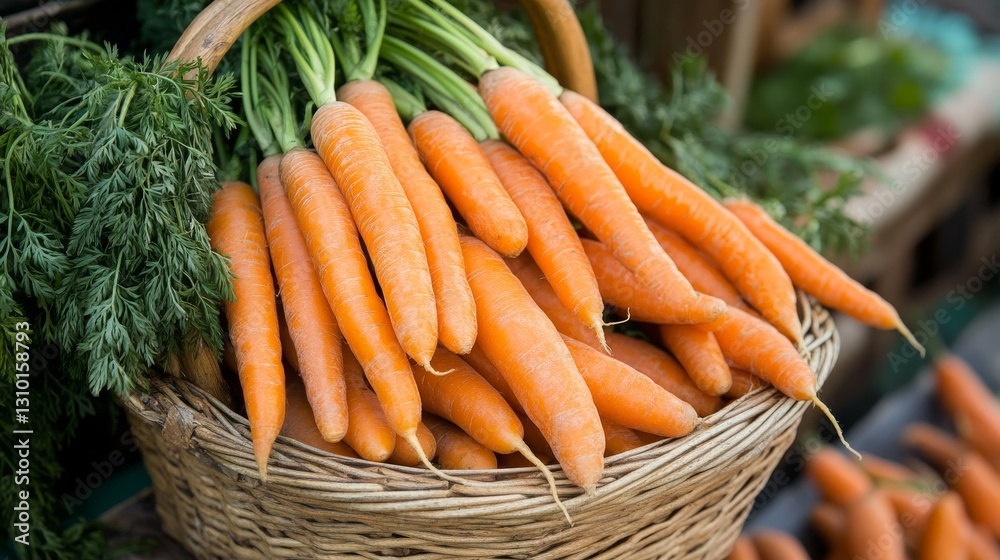 A close-up of a basket filled with fresh carrots.
A close-up of a basket filled with fresh carrots.