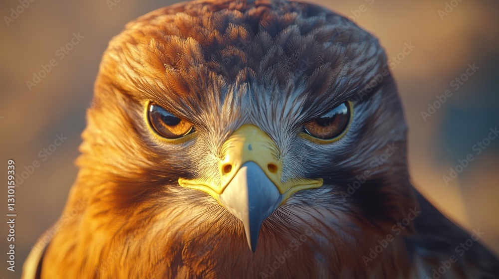 Fototapeta premium Close-up of a hawk's intense gaze, sharp beak, and detailed feathers in warm light.