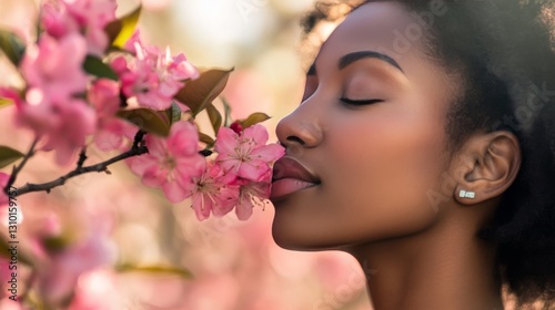A Black woman enjoys the sweet smell of pink flowers blooming in spring.
