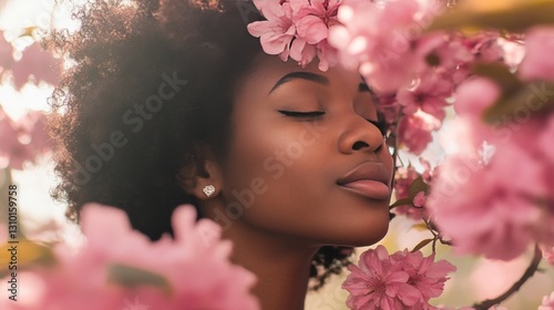 A Black woman enjoys the sweet smell of pink flowers blooming in spring.
