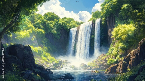 Lush waterfall cascading into a tranquil pool, surrounded by a vibrant forest