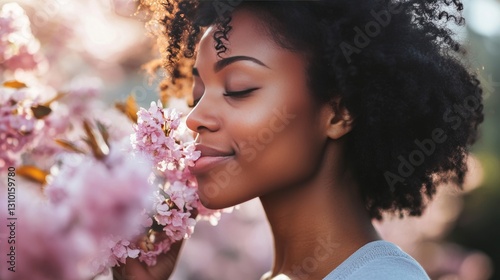 A Black woman enjoys the sweet smell of pink flowers blooming in spring.
