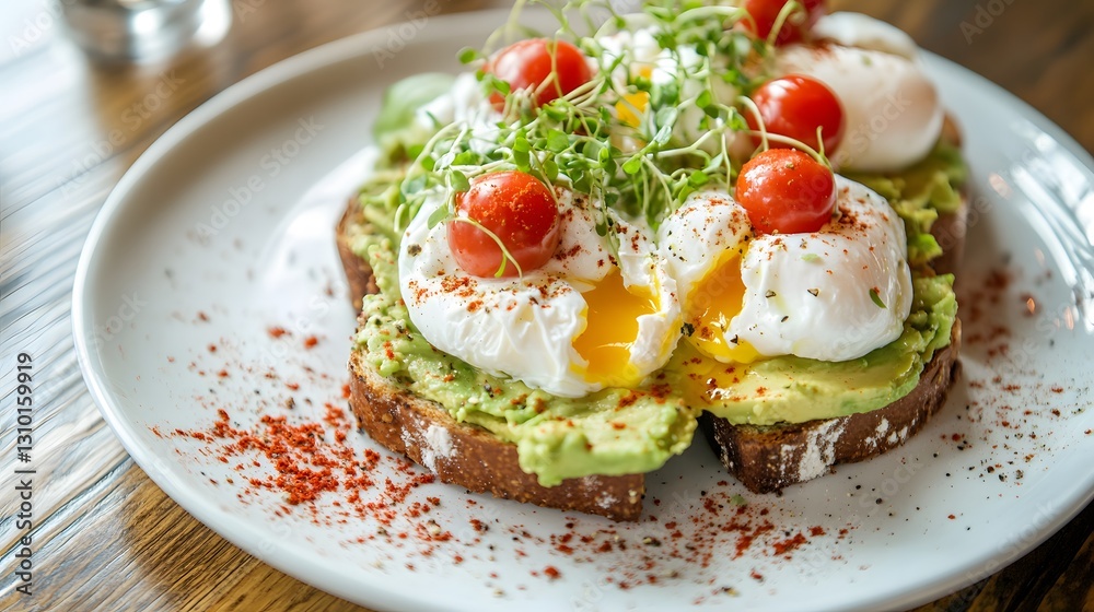Realistic plate of avocado toast with poached eggs, garnished with cherry tomatoes, microgreens, & red pepper flakes, on a wooden table Realistic plate of avocado toast with poached eggs, garnished with cherry tomatoes, microgreens, & red pepper flakes, on a wooden table