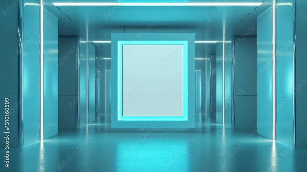Empty Futuristic Corridor, Blank Display, Neon Lighting, Modern Design Empty Futuristic Corridor, Blank Display, Neon Lighting, Modern Design