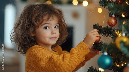Joyful christmas celebration with caucasian child decorating holiday tree