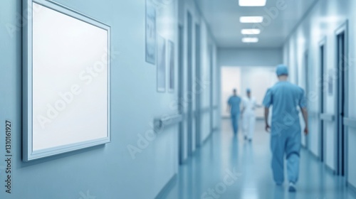Hospital corridor with blank sign and doctors